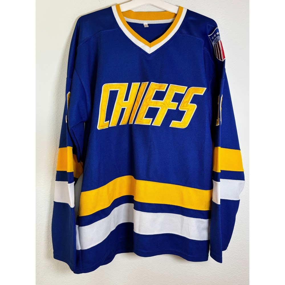 Mad Bros Slap Shot Movie Charlestown Chiefs Hanson 16 Hockey Jersey Blue Large